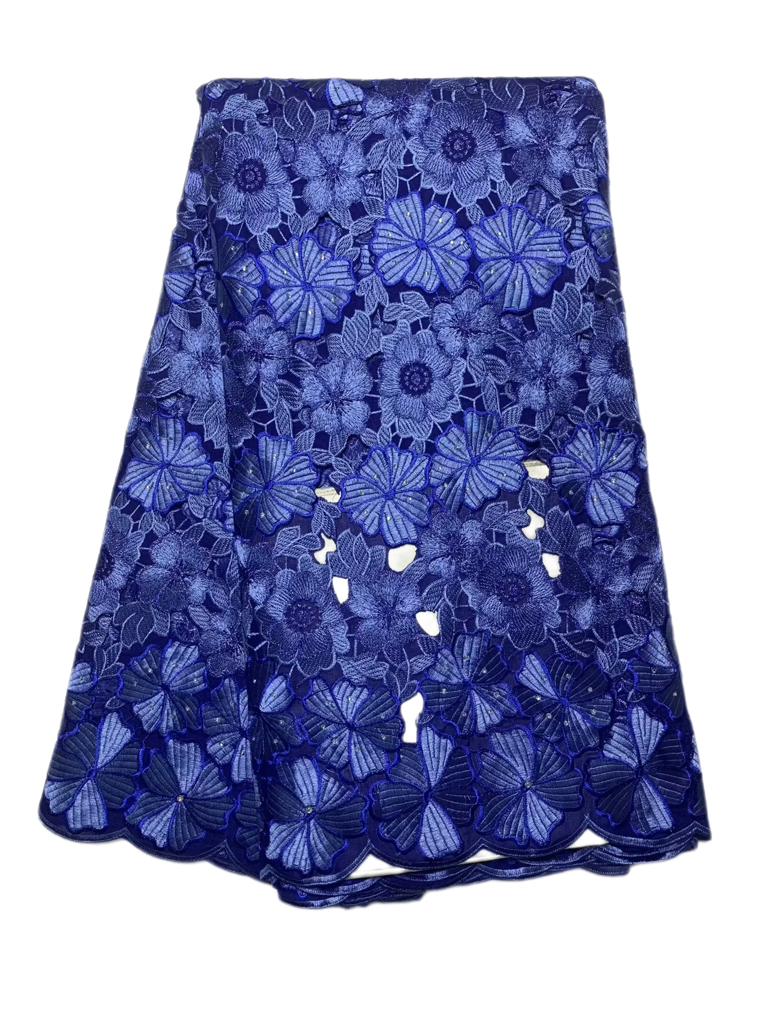 

Luxury Blue African Swiss Cotton Lace Fabric cuting holes Nigerian Voile Lace In Switzerland With Stone For Women Sewing Party