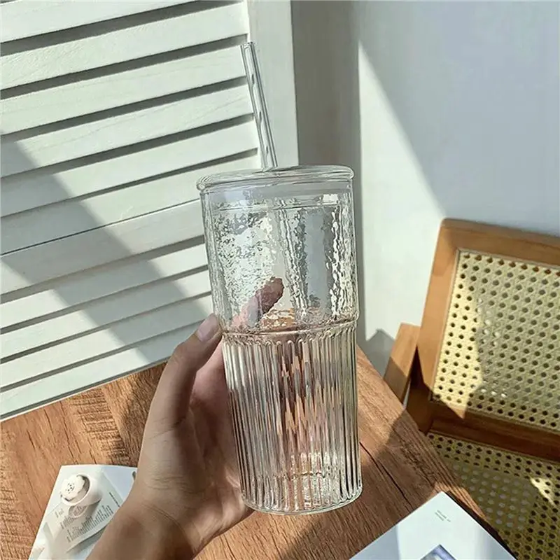 ABUL-2X 600Ml Glass Cup Milk Coffee Cup With Lid And Straw Transparent Stripe Water Cup Mug Drinking Glasses Juice Tea Cup