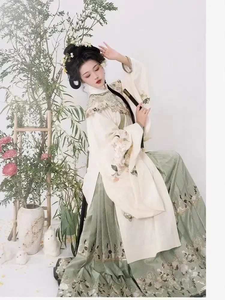 Ming Hanfu 데일리 스탠딩 넥 셔츠, 자수 롱 코트, 구름 어깨, 말 얼굴 치마, 중국 스타일, 고대 의상, 신상