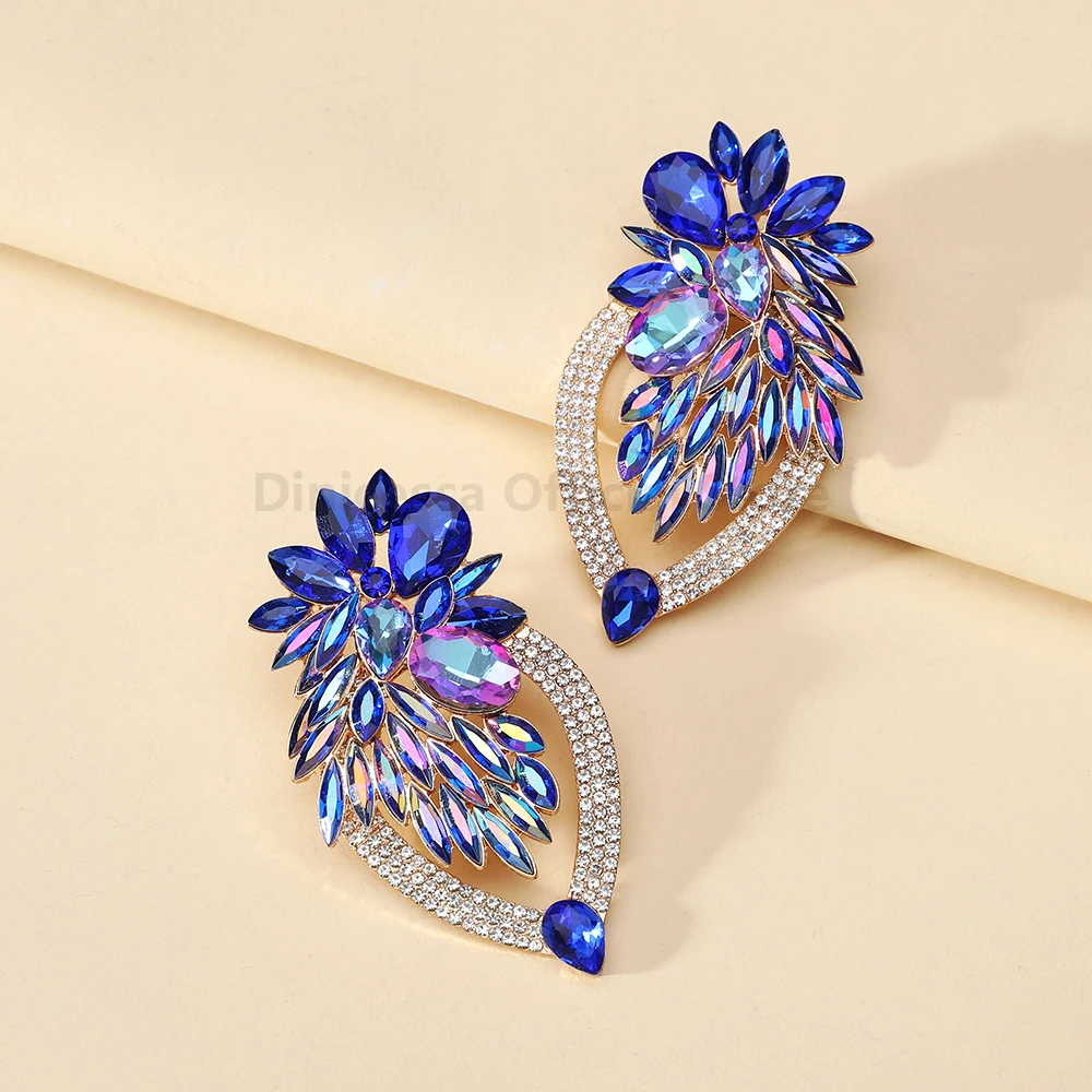 Charm Luxury Shiny Geometric Crystal Glass Decor Big Stud Earrings For Women Sexy Elegant Fashion Jewelry Statement Accessories