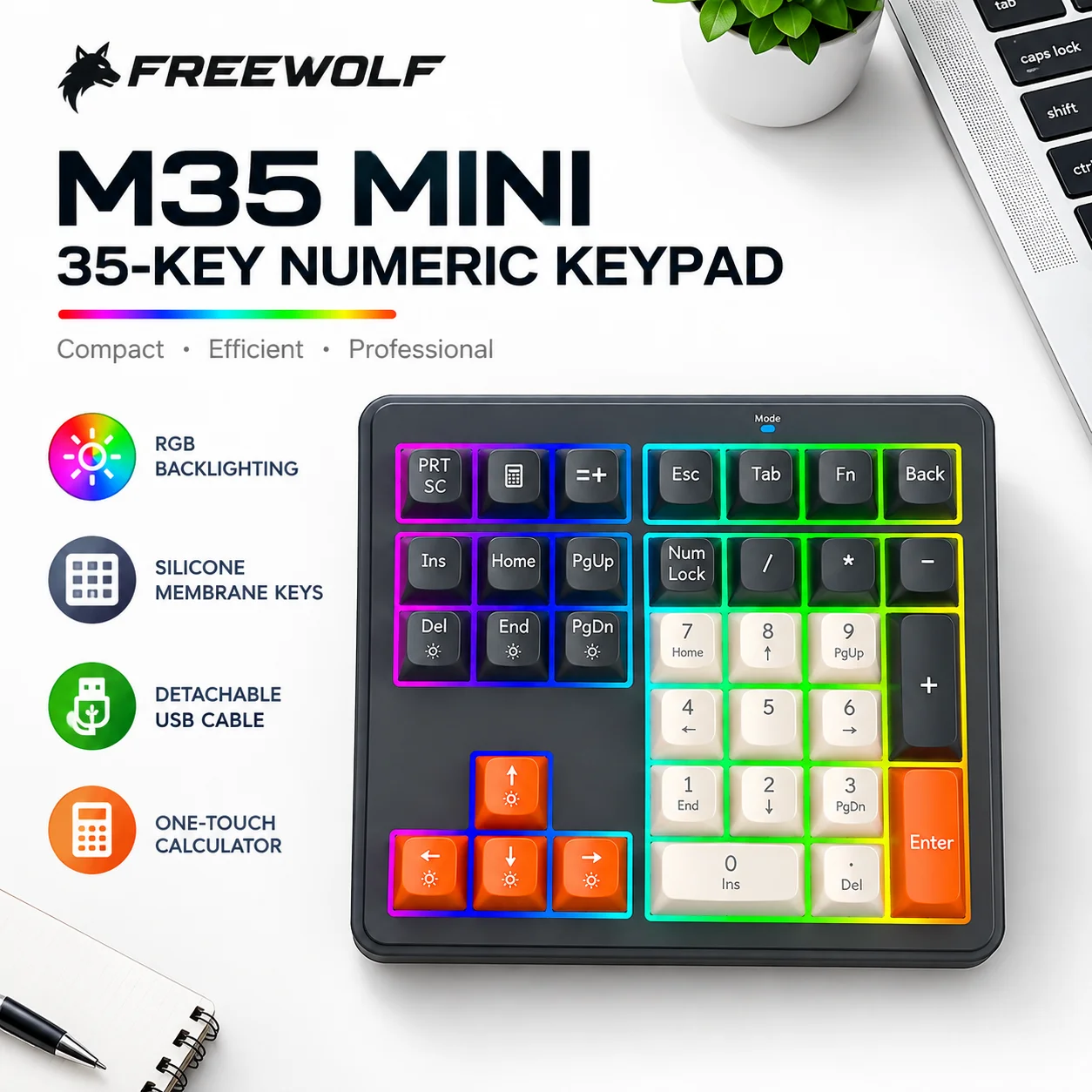 Freewolf M35 Numeric Keypad 35 Key RGB Membrane USB Wired Detachable Cable Calculator for Office Banking Finance Accounting