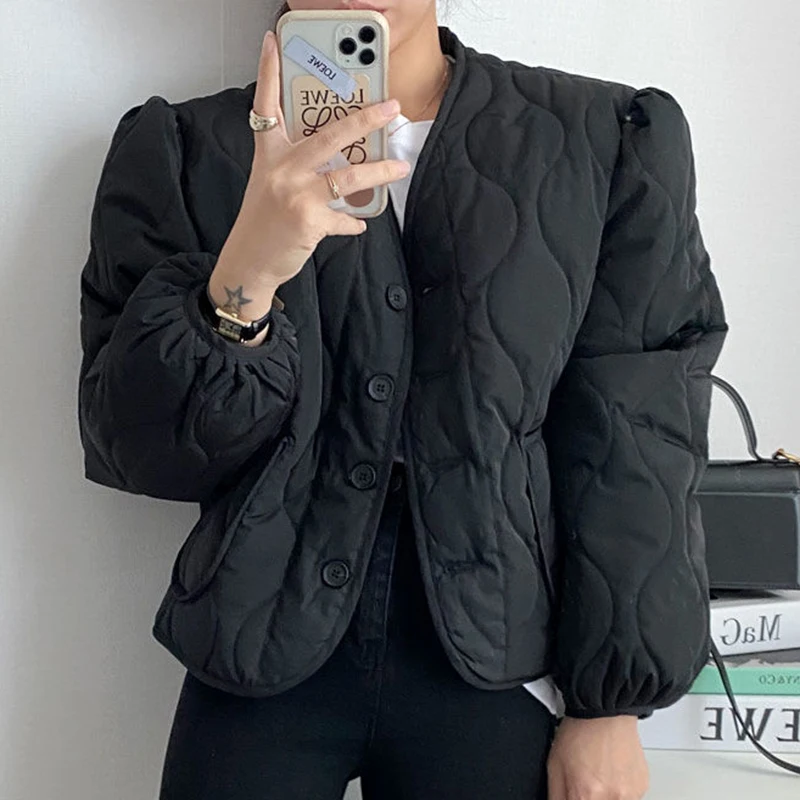 

Ретро шикарное стеганое хлопковое пальто Jaet ort Loose Fit Long Sve ket с деталями в Корейском стиле Sle Lantern Sve Осеннее пальто