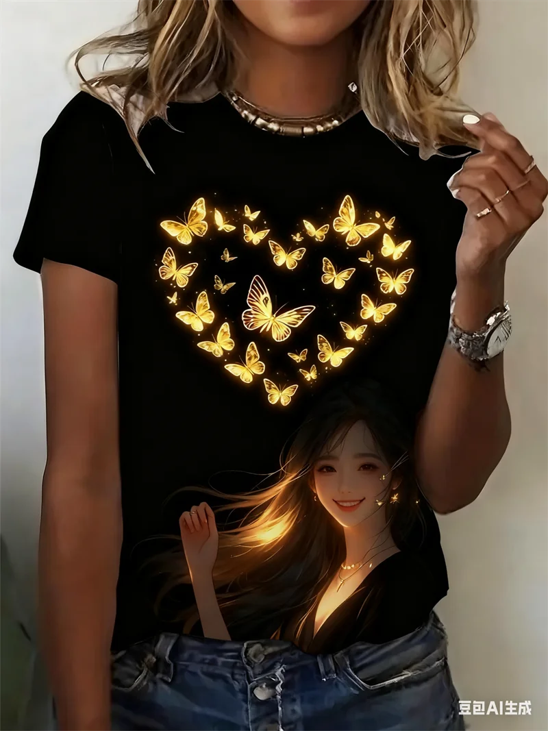 

Women's 3D Golden Dream Butterfly Print Short Sleeve T-shirt Fashion Round Neck Casual Comfortable Daily sprort Women's Clothing