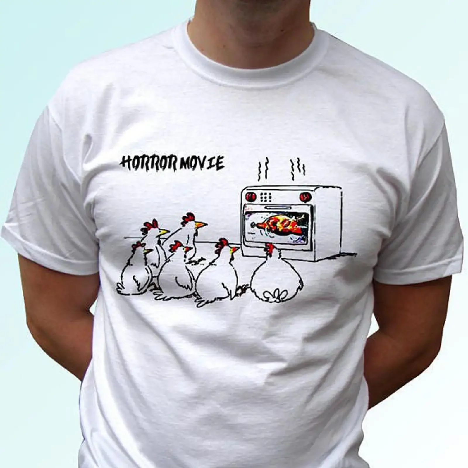 Funny Chicken Horror Movie T shirt Humorous Roasted Oven Meme for Lovers Casual Top vintage Washed Slightly Breathable Stylish