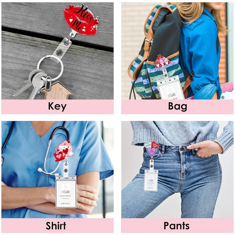 AC57-4Pcs Badge Holder Reel Clip - Valentines Day Gifts Cute Pink Heart Pattern Id Name Card Retractable Badge Reel Clip