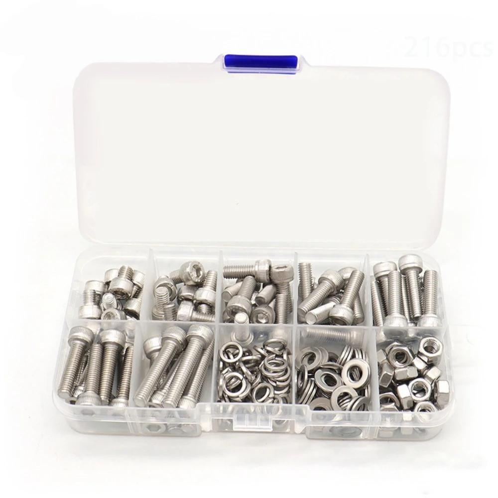 216 قطعة 304 مسدس من الفولاذ المقاوم للصدأ المقبس المسمار المكسرات مجموعة أسطواني رئيس الترباس المسمار الربيع غسالة شقة غسالة M5 الترباس