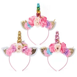 Unicorn 1st Birthday Girl Flower Headband Baby Shower Party Kids Hair Hoop Hairbands Accessories Unicorn Party Decor Headwear