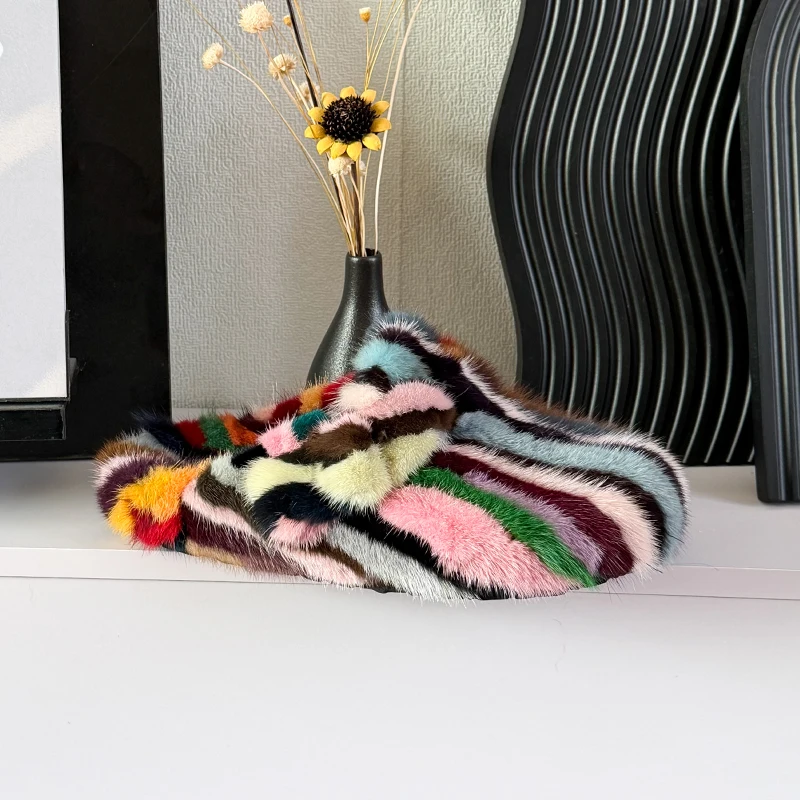 Women's Mules and Clogs Mink Fur Slippers Winter Women'S Slippers Color Blocking Fur Slides Plush Fur Clogs Shoes for Woman