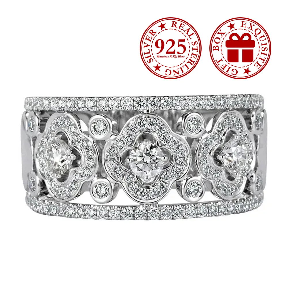 Sparkling AAA Zirconia CZ Four-leaf Clover Ring for Women 925 Silver Plated Lucky Charm Jewelry Birthday/Anniversary Gift