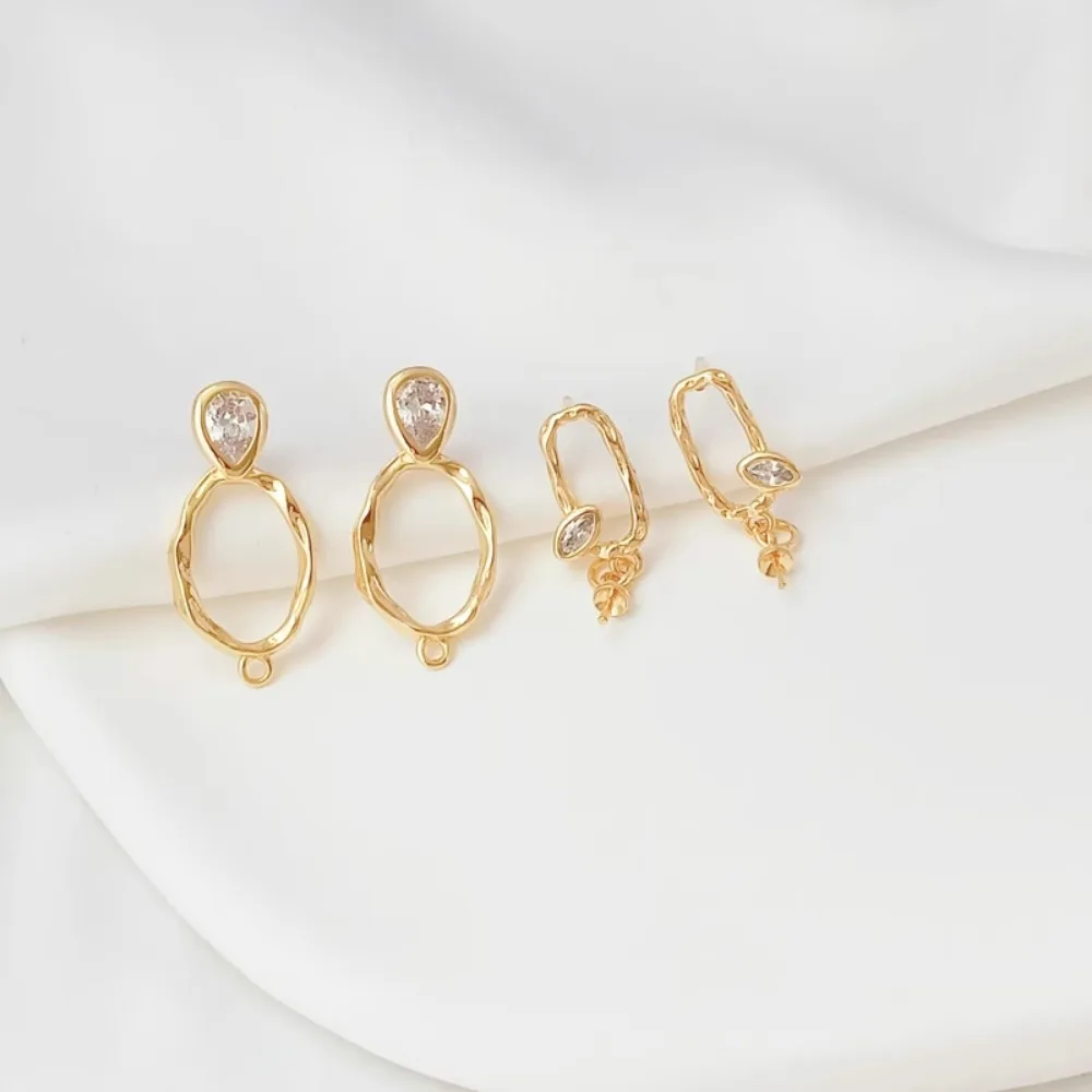 14K Gold-plated and Zircon Inlaid Irregular Oval Horse Eye Drop Stud Earrings S925 Silver Ear Pin Pendant Earrings