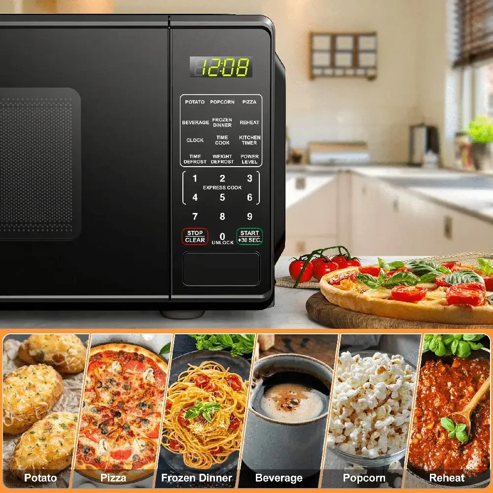 Compacto 0,7 pies cúbicos 700W Negro Encimera Horno microondas Pantalla LED Temporizador Reloj Descongelar Bloqueo seguro para niños Pulsador Puerta 10