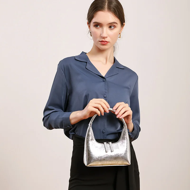 Donna-in Women Silver Handbag Split Leathe Texture Zipper Underarm Bag for Evening Party Female Mini Half Moon Bag