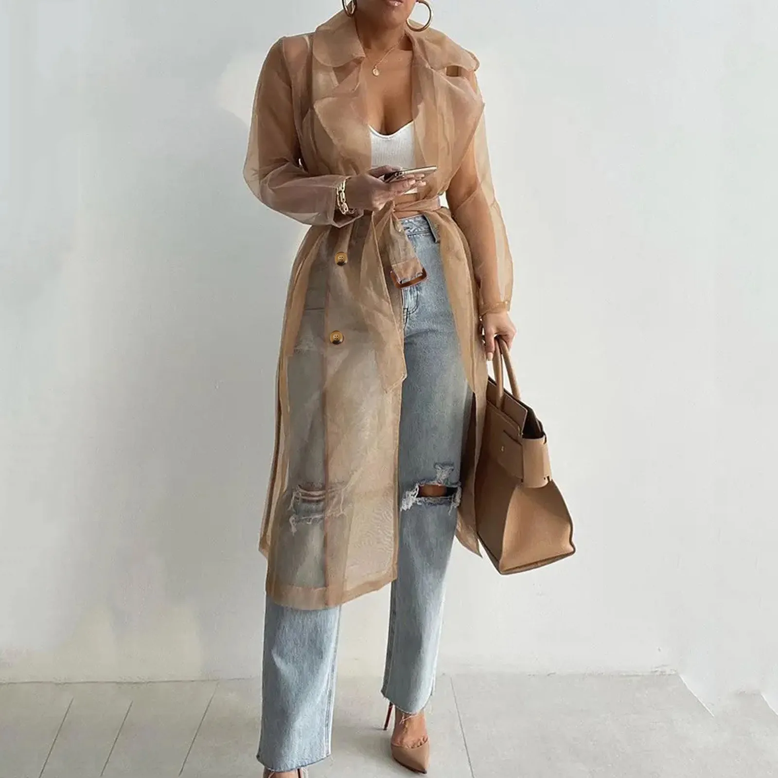 Mode coole Mesh transparenten Trenchcoat Damen neue Schnür Sonnenschutz Shirt Netzgarn langes Hemd dünnen Mantel mit Gürtel