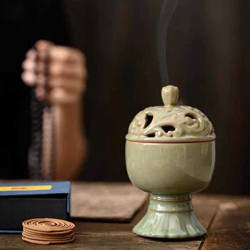 Chinese Style Chan Sandalwood Coil Incense Tower Incense Lamp Aroma Burner Ceramic Crafts Indoor Living Room Home Decor