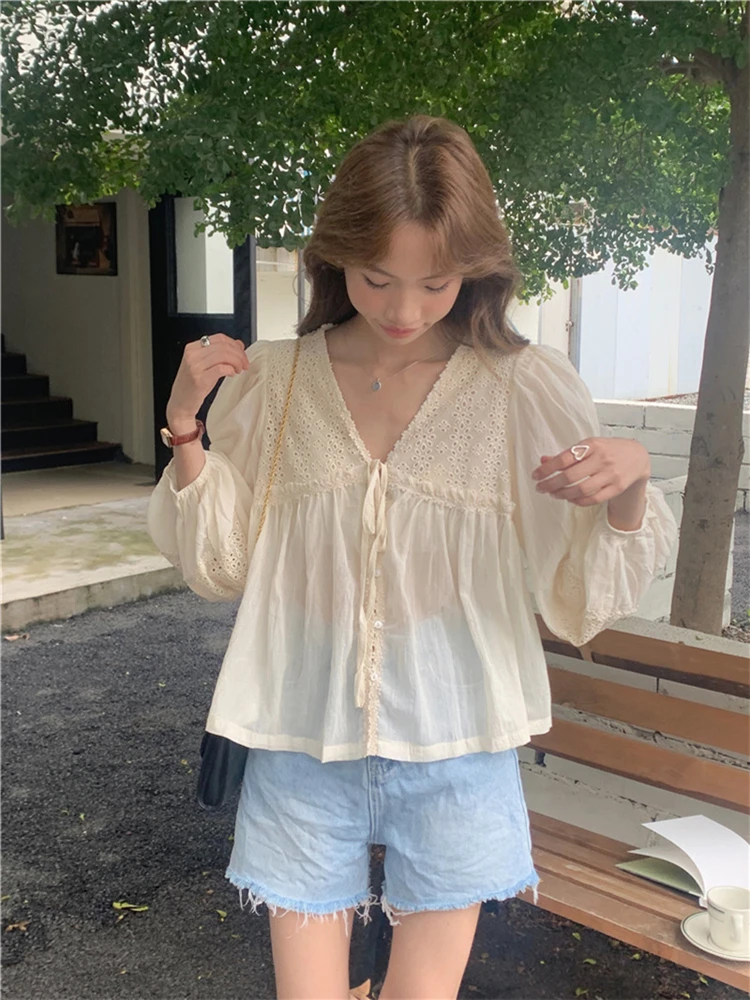 Colorfaith BL10113 New 2023 Lace Up Cutout Vintage Elegant Lady Korean Fashionable Women Spring Summer Blouses Shirts Short Tops