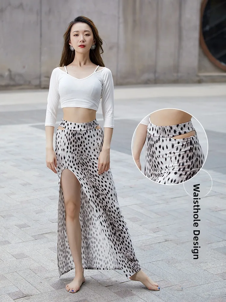 Conjunto E de Dança do Ventre com Estampa de Leopardo, Saia Longa e Top de Manga Média para Exercícios de Dança e Fitn...