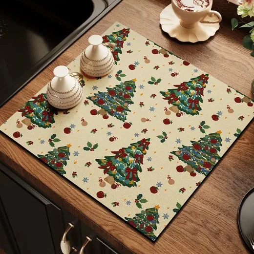 Retro Christmas Tree Mat Absorbent Coffee Maker Pad Non-Slip Rubber Holiday Pine Berry Dish Drying Placemat