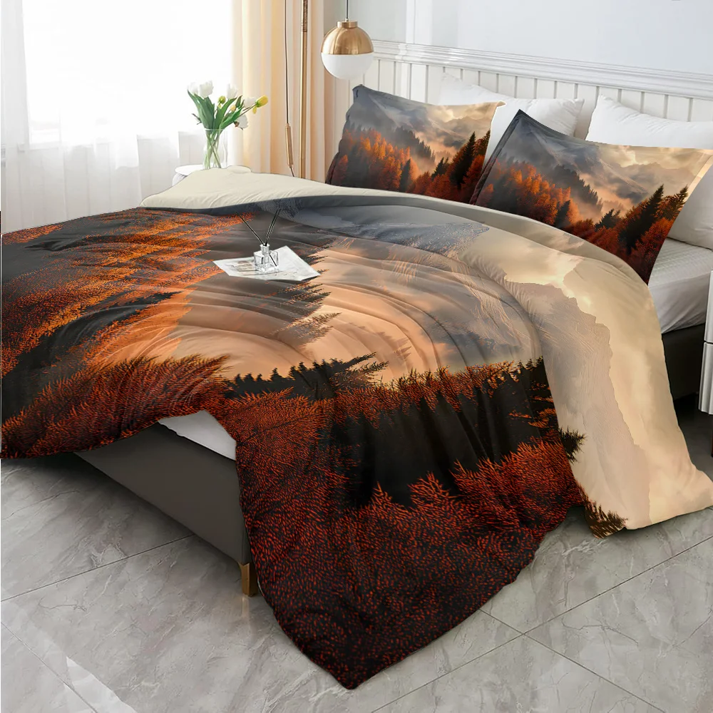 Polyester Fiber Duvet Cover Set of Three, 2D Flat Printed Duvet Cover Set, Duvet Cover Bedding Set, Orange-Red Mountain Scene Pattern Digital Printed Duvet Cover, Soft Polyester Fiber, Machine Washable, Invisible Zipper, Large Duvet Cover Set, Bedding Set, Quilt Cover