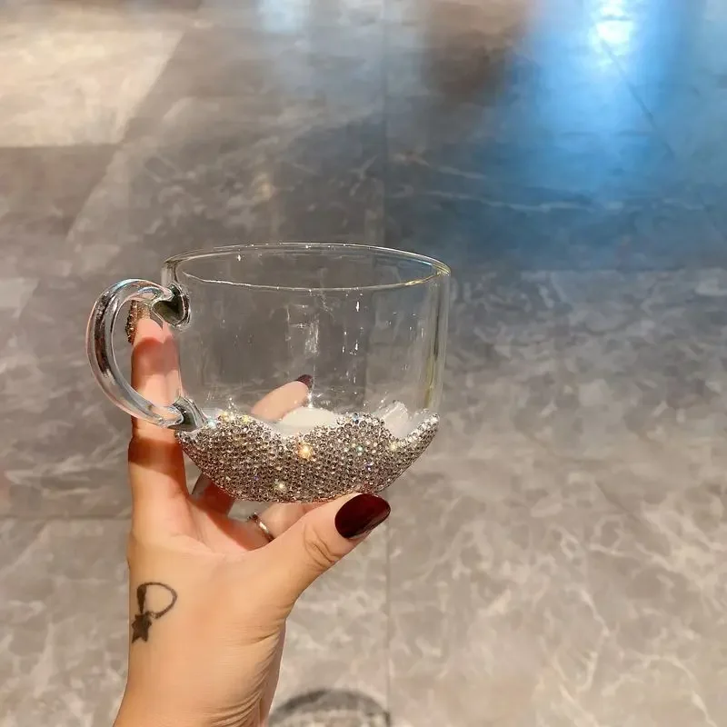 Sparkling Rhinestone Transparent Double-layer Glass Cup Large Capacity Breakfast Oat Bowl Fruit Salad Big Belly Cup Office Mug