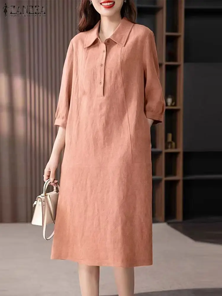 ZANZEA 2024 Summer Lantern 3/4 Sleeve Midi Dress Women Lapel Neck Shirt Dress Casual Loose Buttons Robes Korean Fashion Vestidos