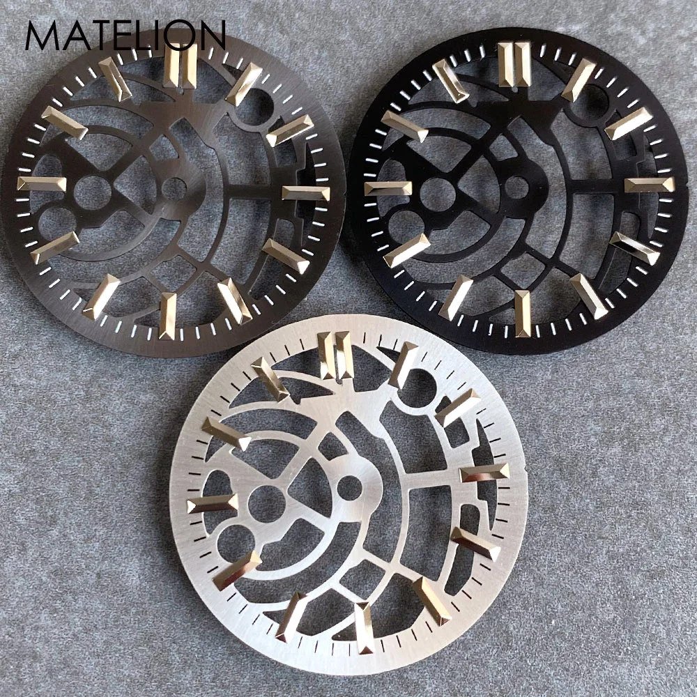 Skeleton Watch Dial Hollow out for NH35 NH36 NH38 NH70 NH71 NH72 4R35 4R36 Movt Metallic Markers 29mm Watch Face Silver Black