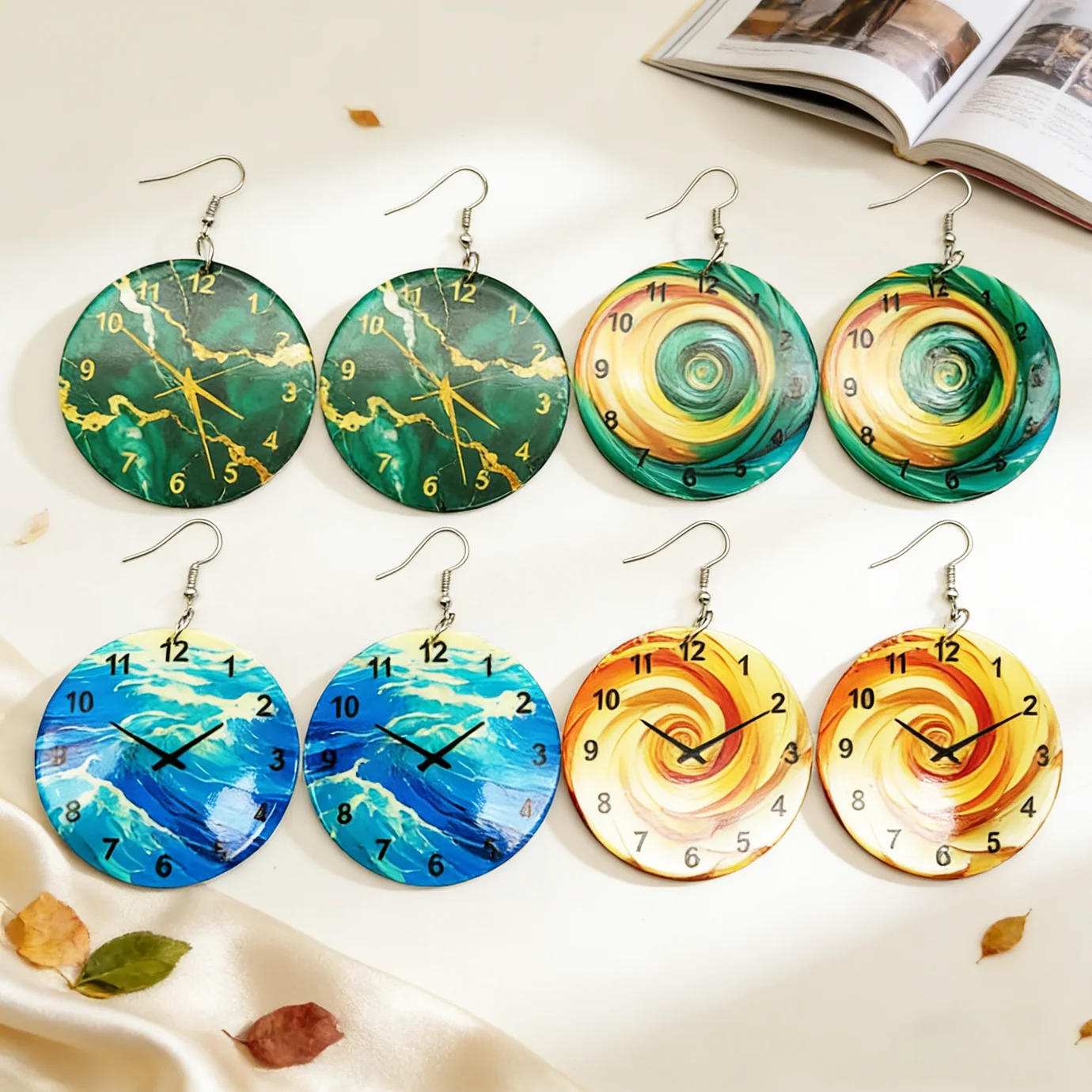 4 Pairs of Round Clock-Shaped Earring Set, Wave Marble Vortex Texture Creative Design, Retro and Individual Style Girls' Earrings