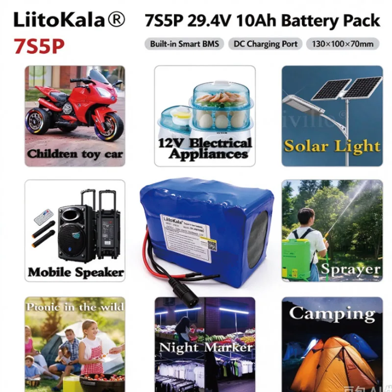 100pcs Liitokala 24 10Ah Lithium V Battery Large Capacity Lithium-Ion Battery  BMS Discharge 15A 7S 300W Power