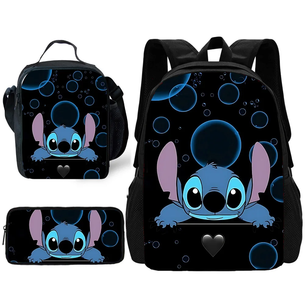 3 pcs set Cute Disneys cartoon Stitch Child School Backpack with Lunch Bags ,Pencil Bags ,School Bags for Boys Girls Best Gift