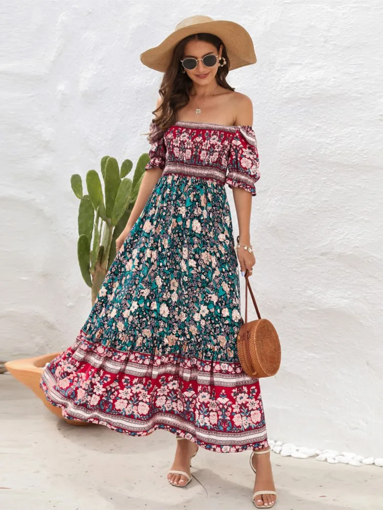 

2024 Boho Beach Long Dresses For Women Vacation Ruffles Off-Shoulder Sleeve Print Floral Casual Midi Dress Sexy Elegant Vestidos