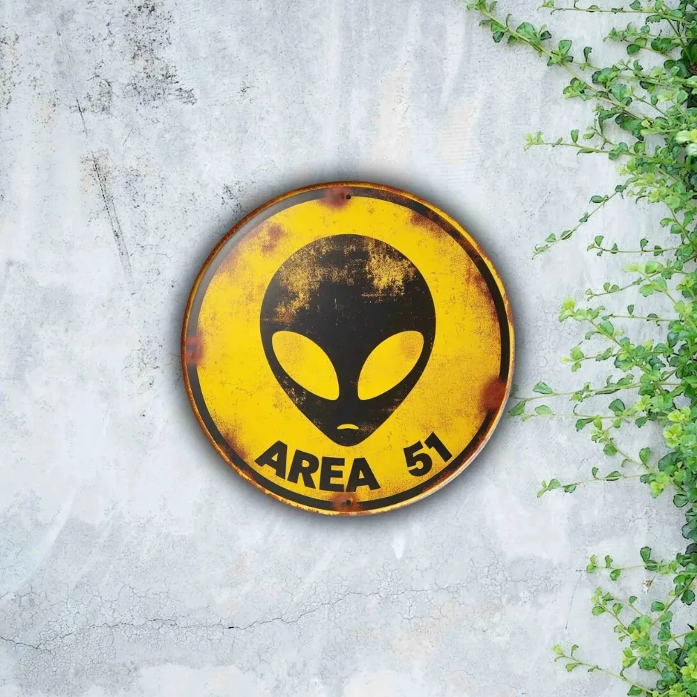 Retro UFO Alien Metal Sign Set Area 51, Vintage Sci-Fi Wall Art Decor for Home Office Bar Club Man Cave Collection