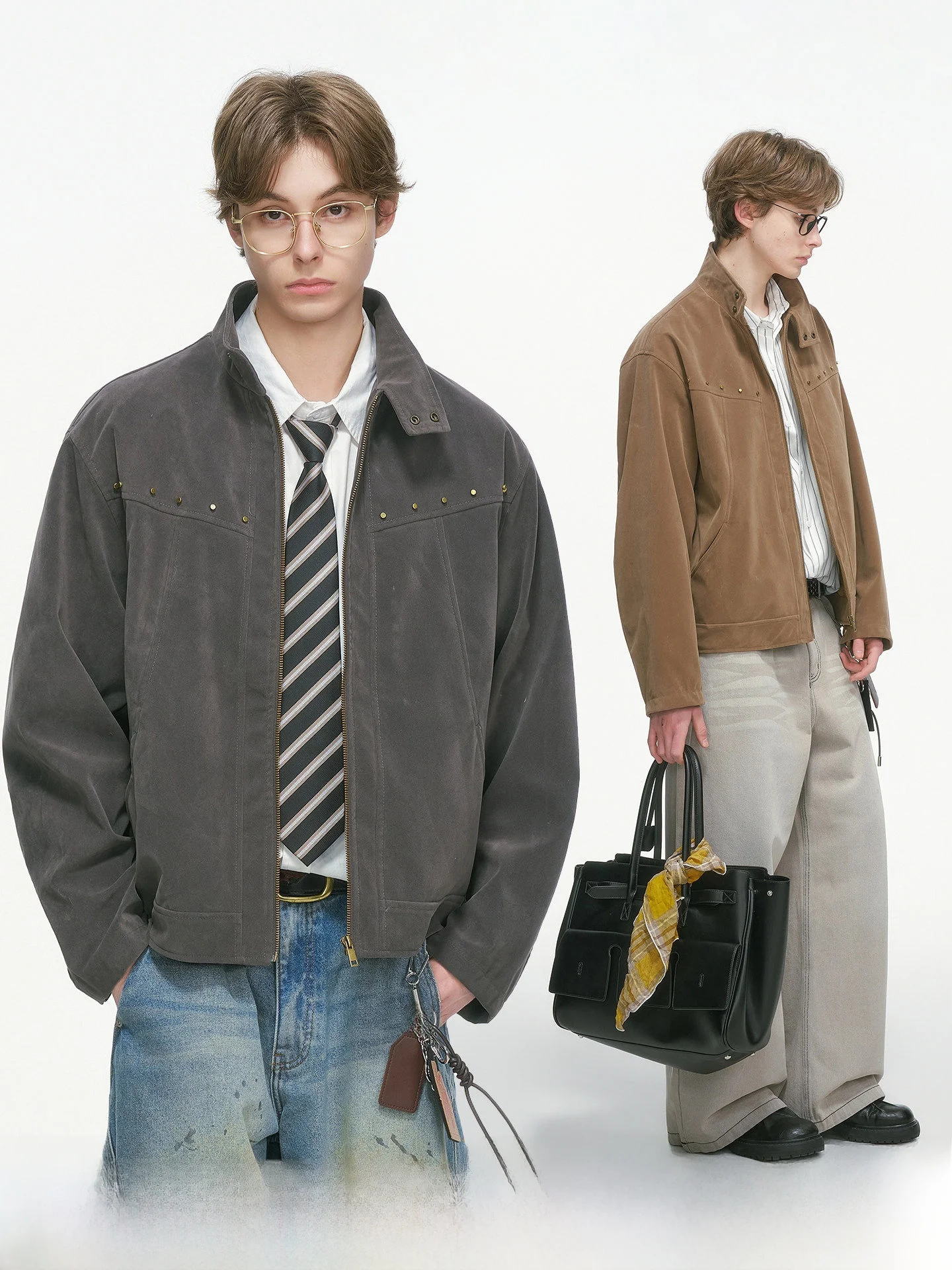 American Style Harington Single-Sided Fleece Jacket Men's Spring Autumn Short Wide Boxy Barn Style Coat Metal Decorations Cas...
