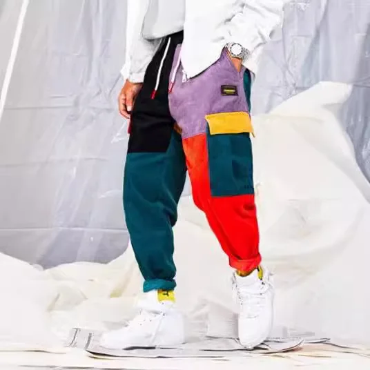 

Multicolor Corduroy Men's Casual Work Pants Spliced Design Comfortable Cotton Blend mid Waist Workwear Tight Fit Youth Style