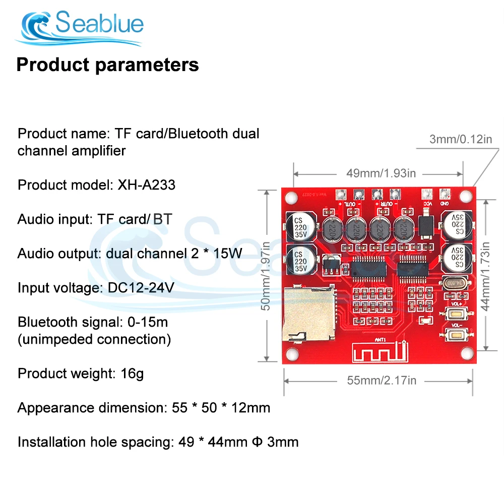 XH-A233 Dual 2*15W  Bluetooth4.2 Digital Power Amplifier Board Stereo Wireless Music Player TF Card Play 12V-24V Audio Amp