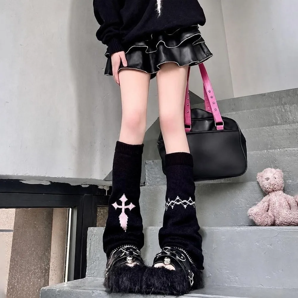 Alt Style Asymmetric Knit Leg Warmers Stretch Knit Cross Pattern Boot Cuffs Slouchy Fit Wide Leg Leg Covers For Women Girls