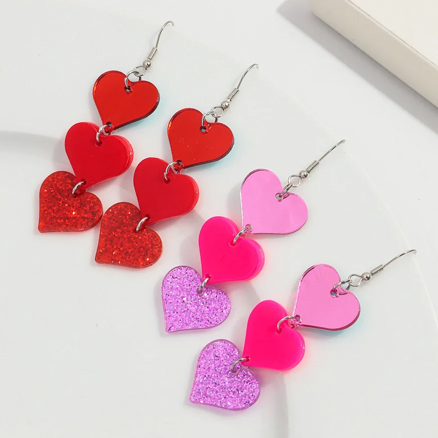 

Pink Love Heart Acrylic Drop Earrings for Women Mirrored Peach Hearts Spliced Long Earring Fashion Jewelry Valentine's Day Gifts