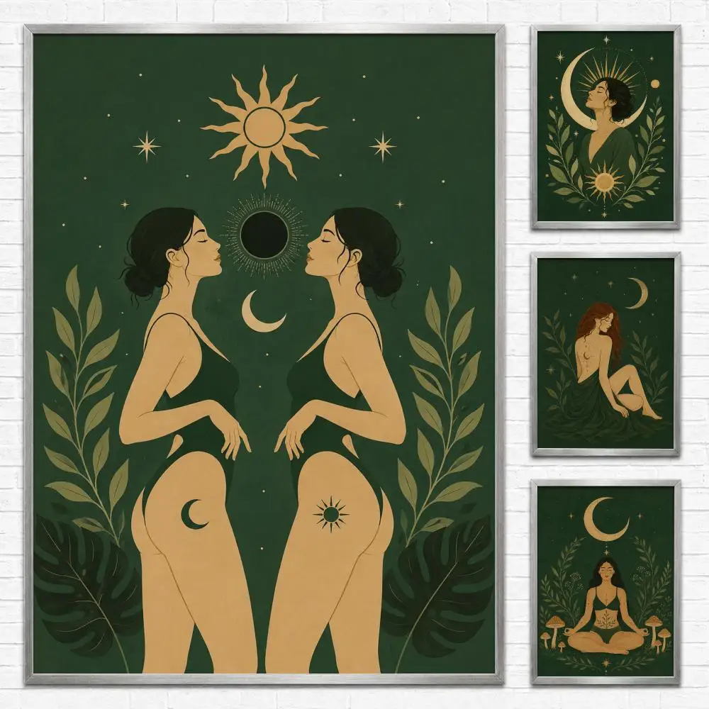 Pattern Feminine Green Celestial Poster Self‑Adhesive Waterproof PP Poster Coffee House Bar Wall Art Sticker Room Home Decor
