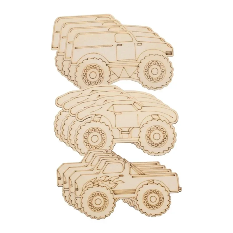 

12PCS Unfinished Wood Monster Truck Cutouts Crafts Truck Party Game Favors Vehicles Wooden Truck Hanging Ornaments DIY Gift Tags