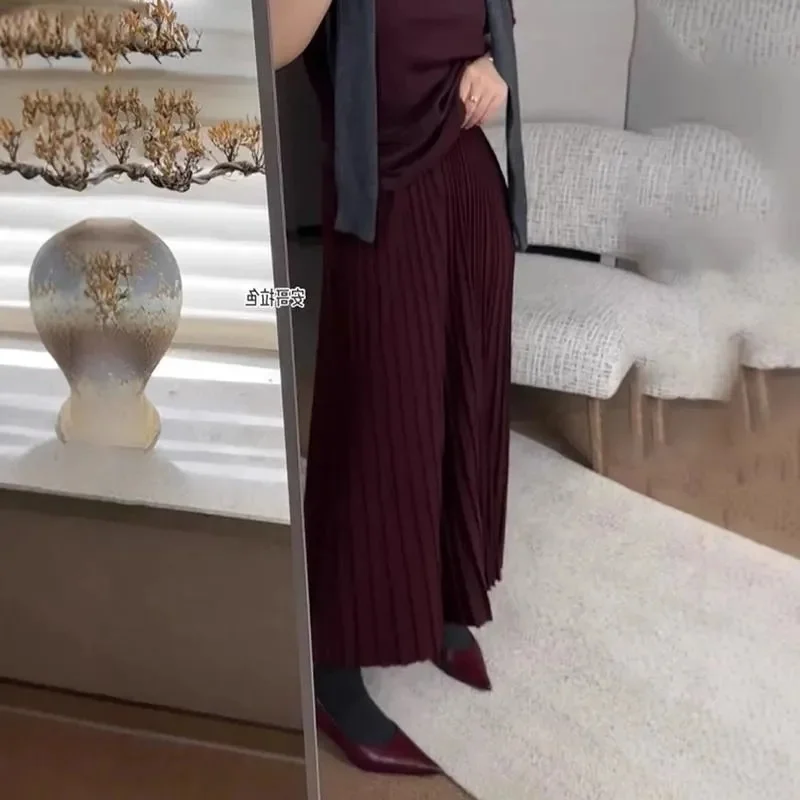 

New Fashion Autumn Winter Knitted Skirt Women Casual Loose Pleated A-Line Office Lady Elastic Waist Long Skirts Solid Color Jupe