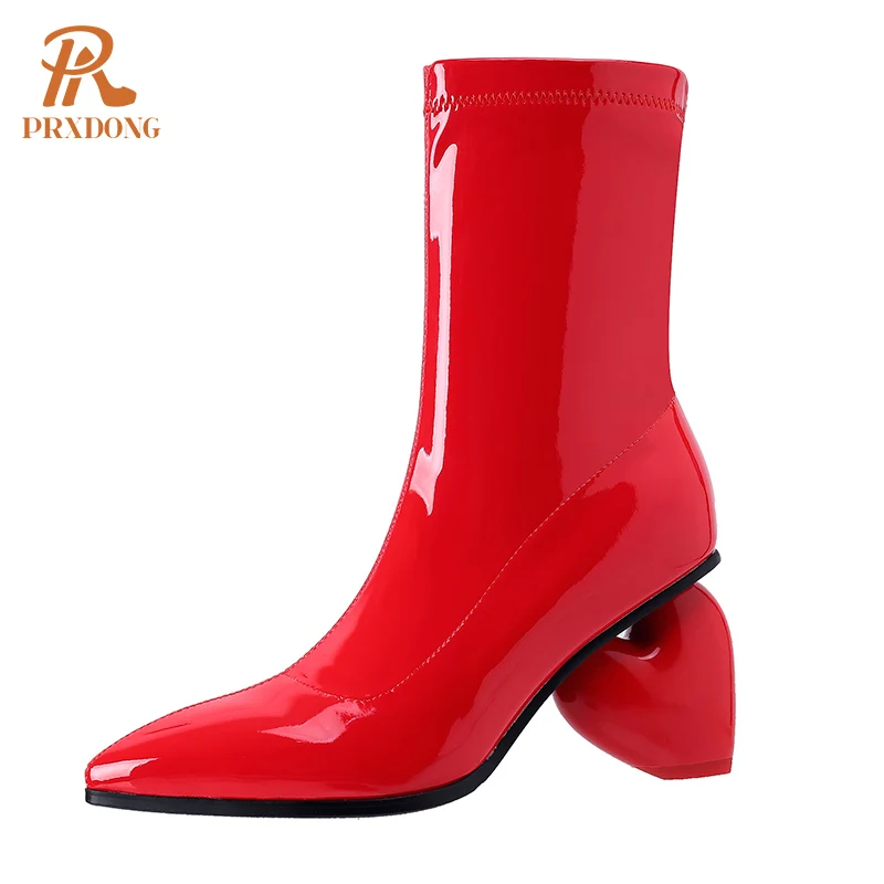 PRXDONG Women\'s Shoes New Classics Partent Leather Autumn Winter High Heels Pointed Toe Black Red Dress Party Ankle Boots 34-43