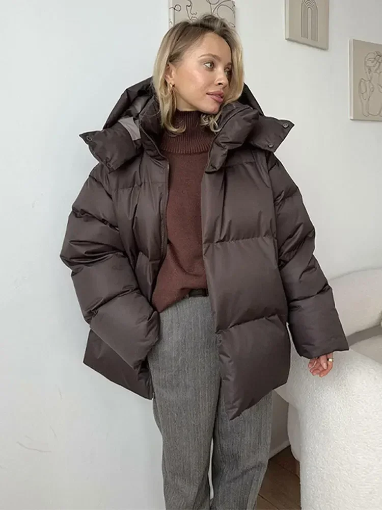 

Casual New Hooded Thick Warm Cotton Coats For Women Fashion Solid Zipper Loose Jacket 2024 New Winter Lady High Street Outerwear