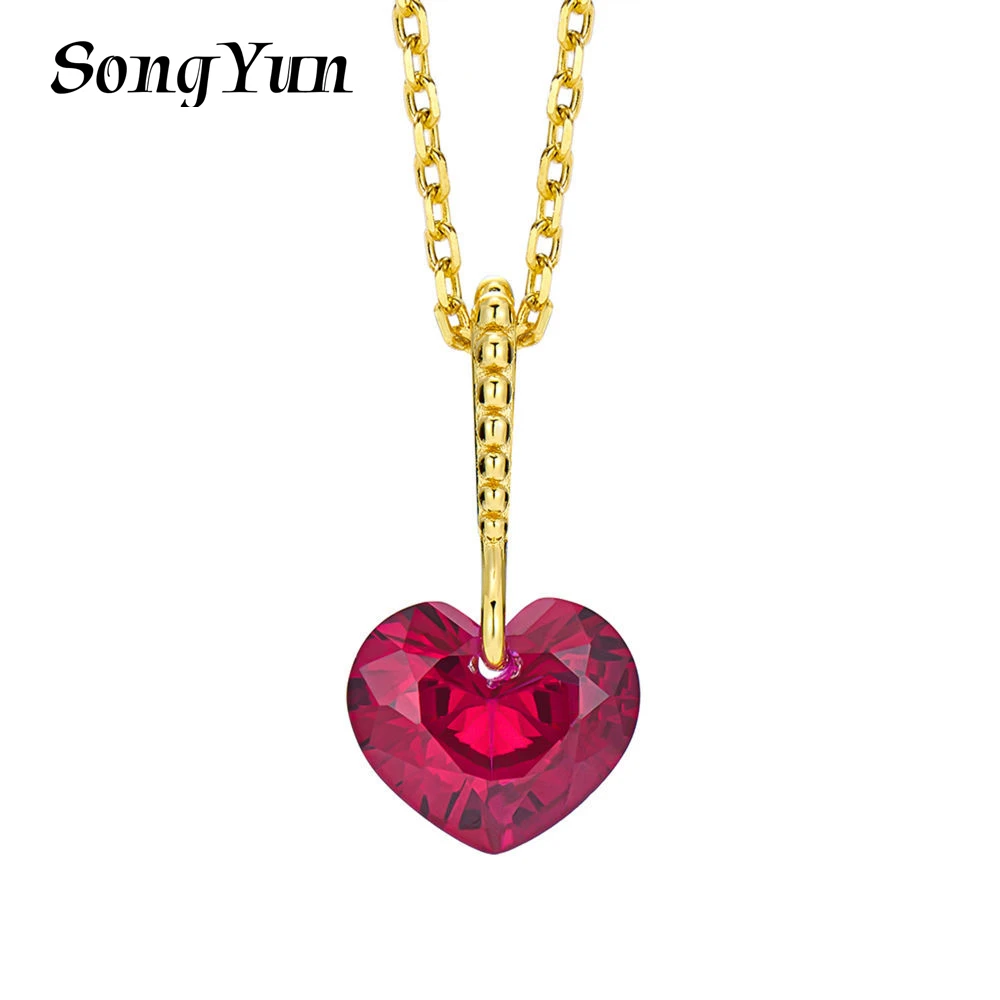 SONGYUN High Carbon Gemstones Jewelry S925 Sterling Silver Ruby Heart Pendant Clavicle Necklace for Women