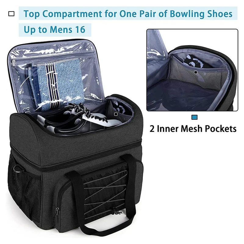 A69P-Bowling Bag For 2 Balls, Bowling Tote With Bowling Cups And Padded Divider For Double Ball Black
