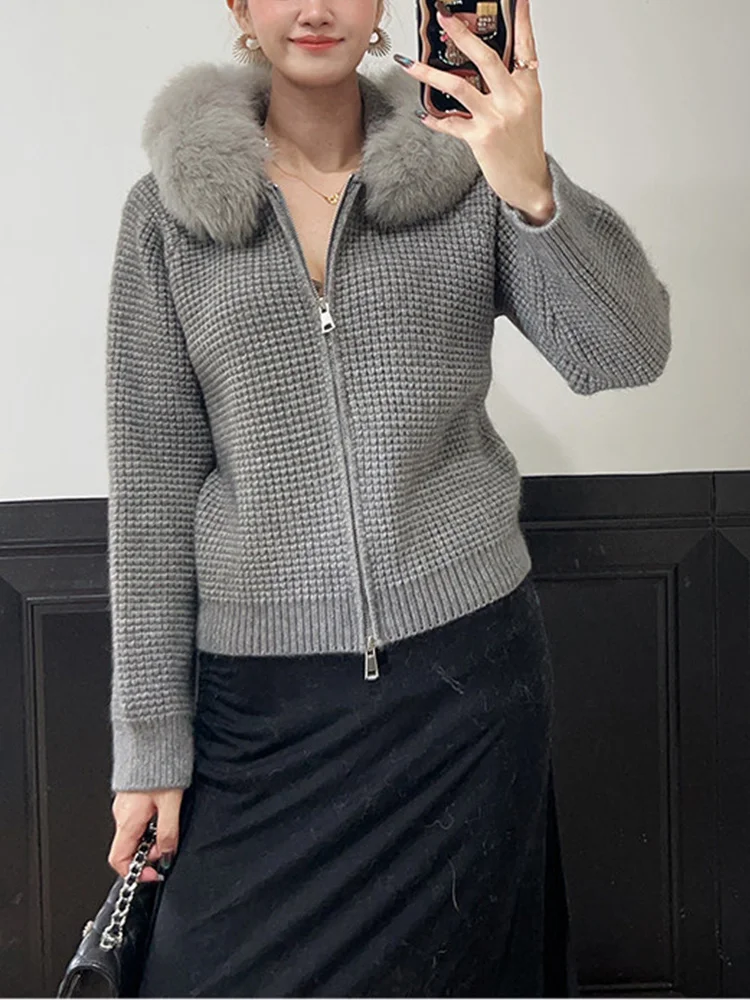 New Casual Women Autumn Winter Real Natural Fox Fur Collar Hooded Cardigan Jacket Female Fluffy Sweater Luxury Coat