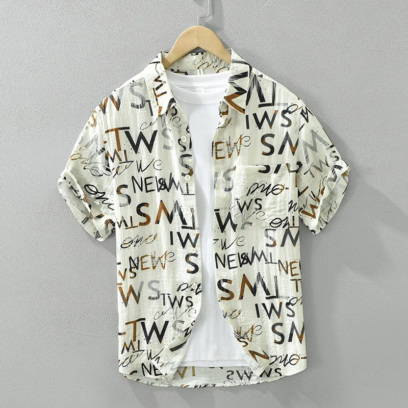 

Trendy Letter Print Linen Short Sleeve Shirt Men's Summer Fashionable Breathable American Loose Top Handsome Casual Shirt