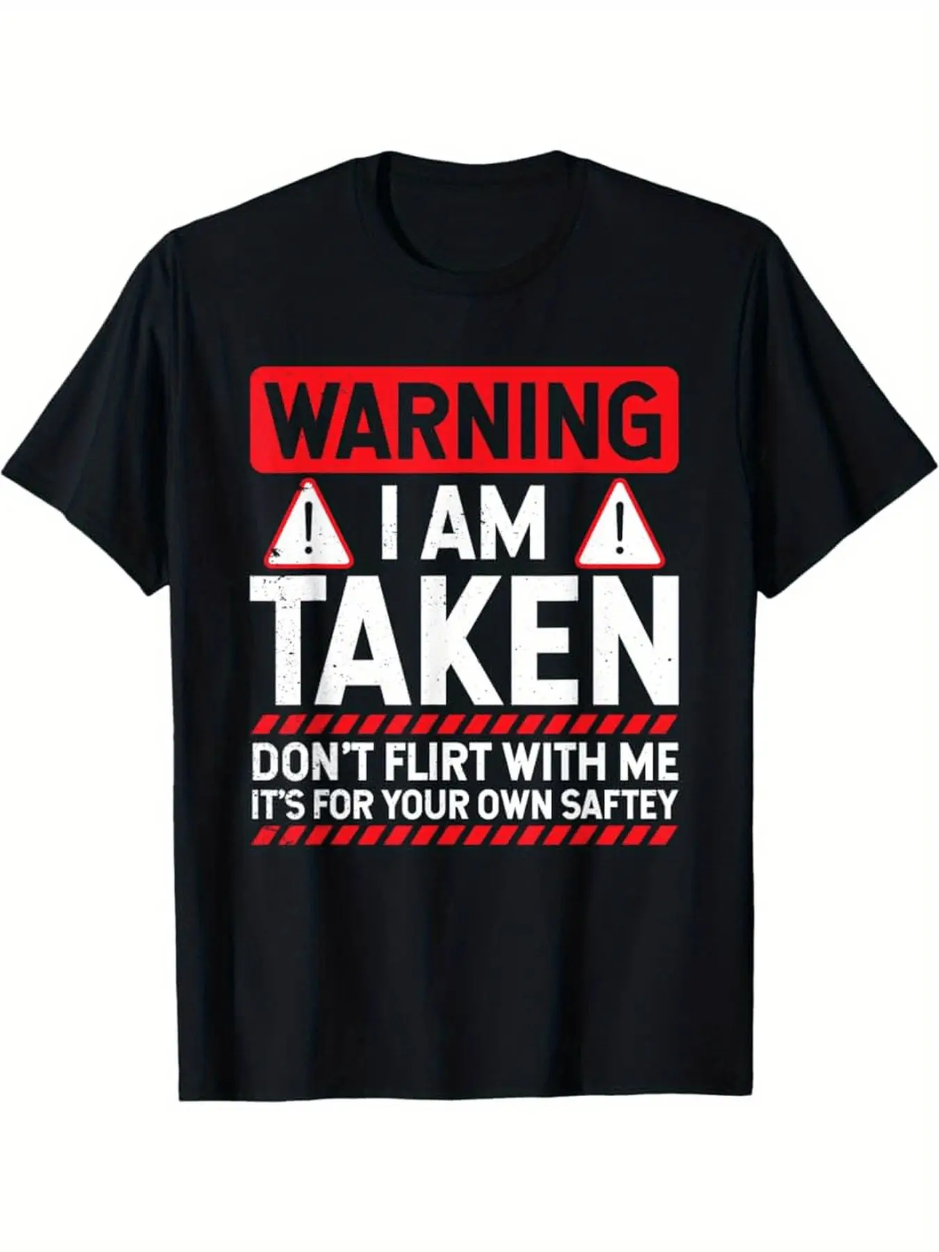 Men's Plus Size Bold Warning Graphic T-Shirt - Black Tee with 'WARNING I AM TAKEN' Design, Eye-Catching Red and White Warning Symbols, Perfect for Casual Wear and Statement Style
