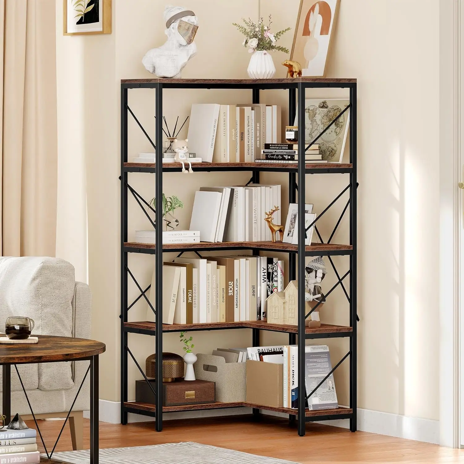 Estante de canto industrial, estante de 5 camadas, grande Display Rack, armazenamento para quarto, sala de estar, escritório em casa