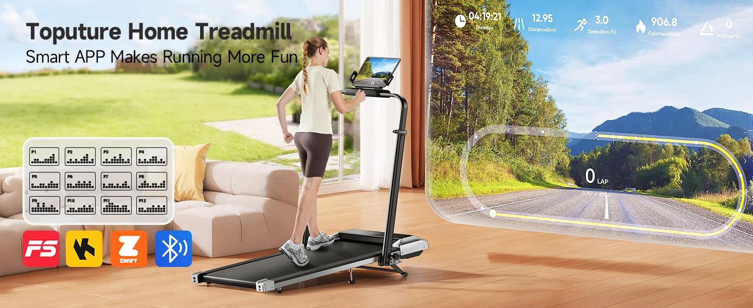 Toputure Elektrisches Klappbares Laufband für Zuhause mit Steigung 12 km/h Smart App-Steuerung LED-Display Geh- und Laufpad für Heim und Büro – Detail 14
