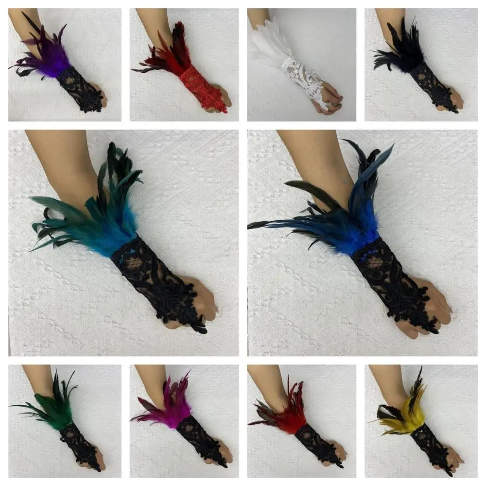 Polsino creativo Guanti di piume di Halloween Guanti di pizzo di piume gotiche retrò Ricamo Polsini di Halloween per donne scure Carnevale