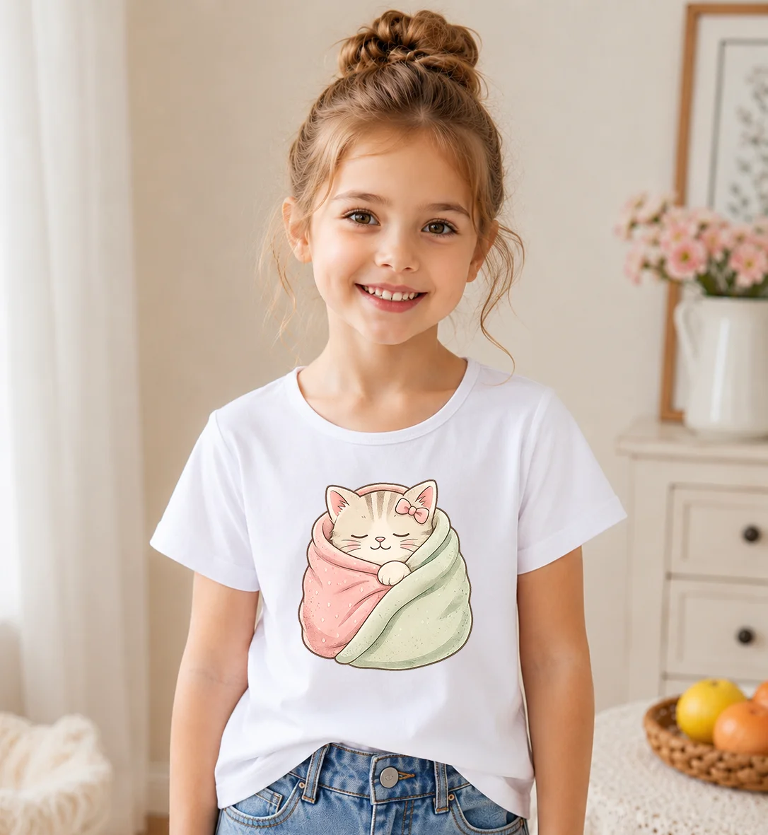 Cute Sleeping Cat Graphic T Shirt For Girls Kawaii Bow Kitten Print Kids Summer Cotton Short Sleeve Tops Children Daily Tees