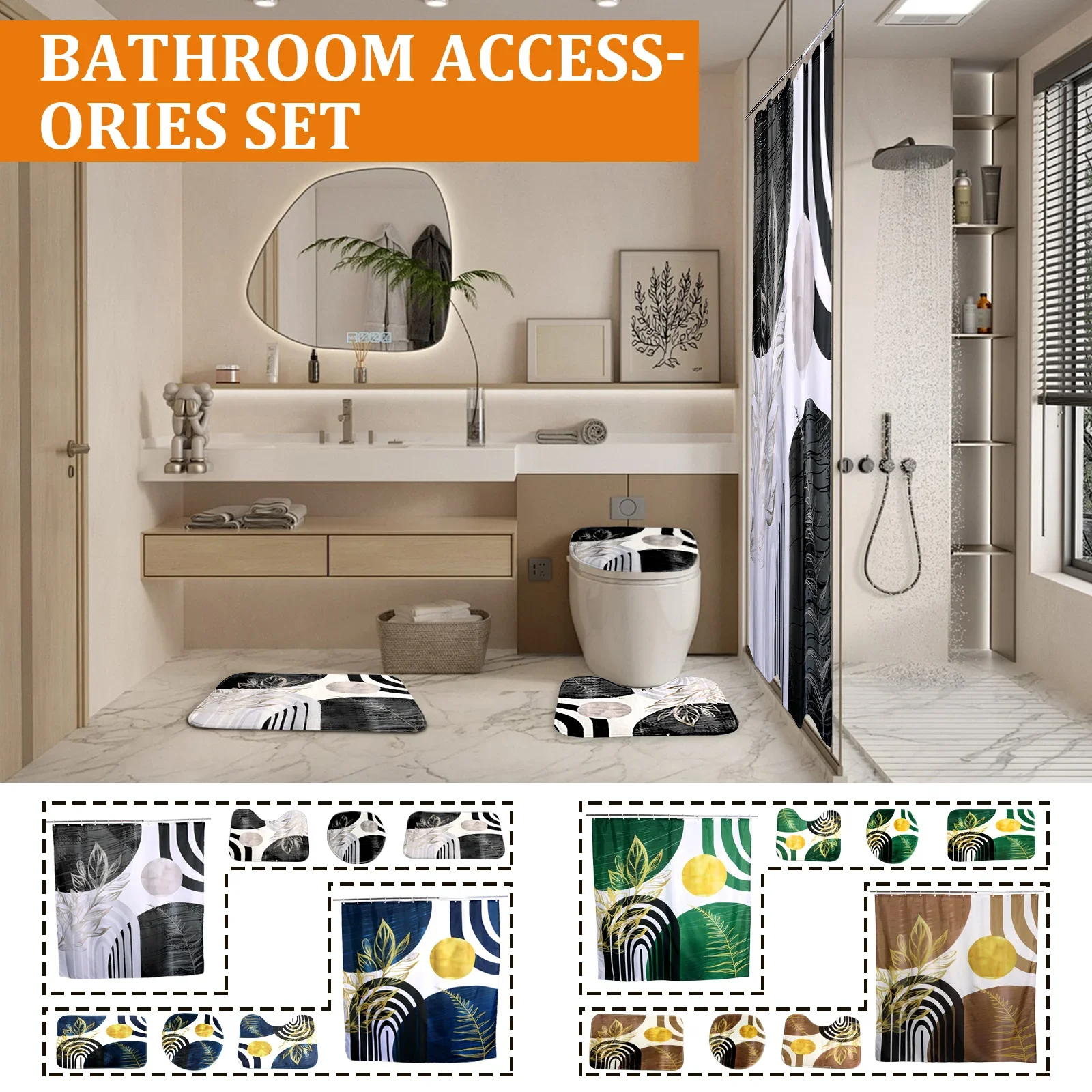 

4 Pcs Set Vintage Bath Curtain with Hooks and Rugs Bath Mat U Shape Toilet Lid Cover Mat Waterproof Non Slip for Multiscene
